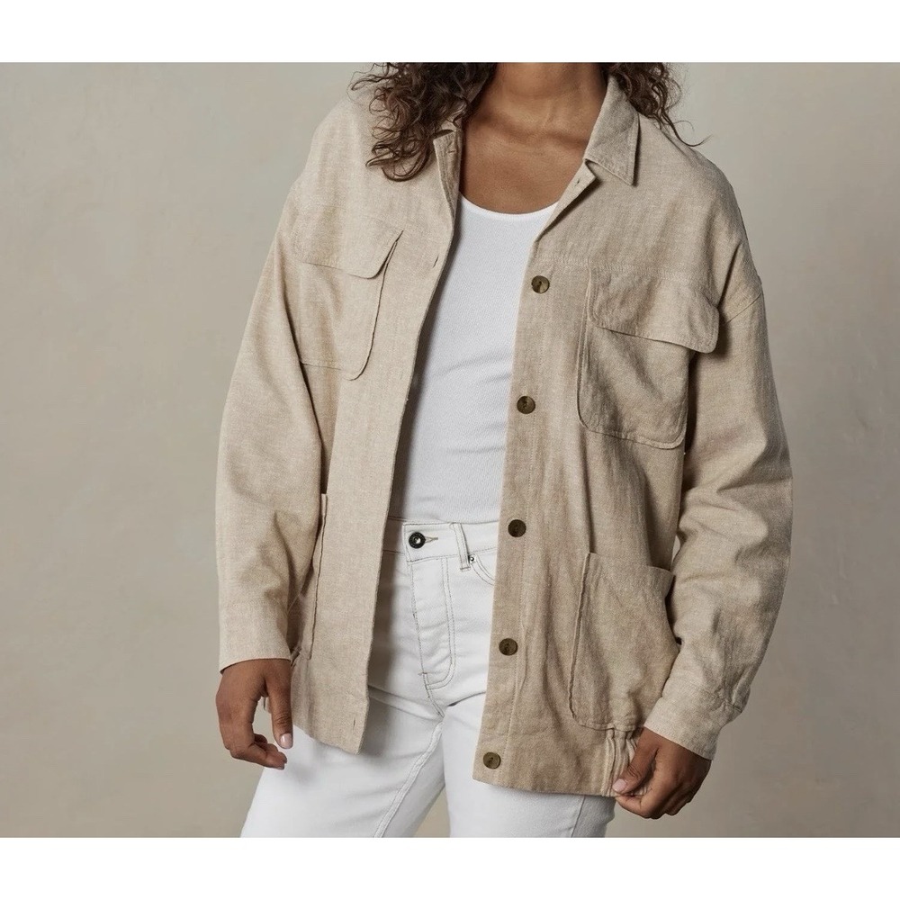 The Normal‎ Brand Womens Oversized Camp Shacket Jacket Size Medium Tan Linen